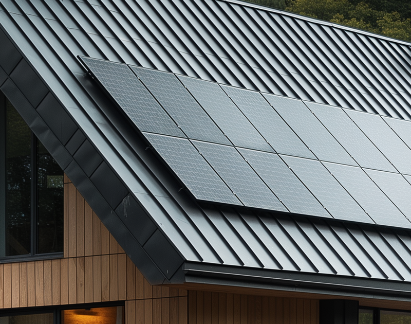 Close up of black roof with solar panels on house with brown wood siding.