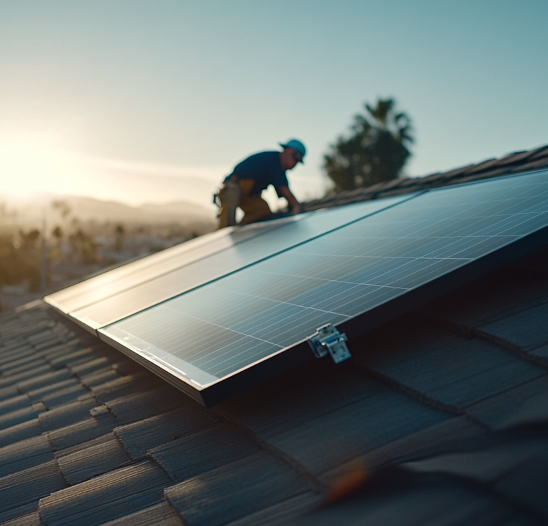 Close up of a solar panel on a roof with installer kneeling in background at sunset.