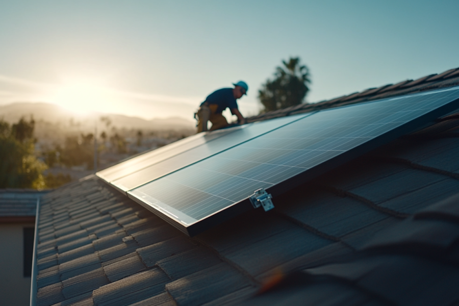 Close up of a solar panel on a roof with installer kneeling in background at sunset.
