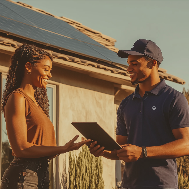 A solar advisor and homeowner standing in the yard with solar panels on the roof of the house behind them.