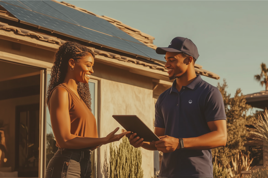 A solar advisor and homeowner standing in the yard with solar panels on the roof of the house behind them.