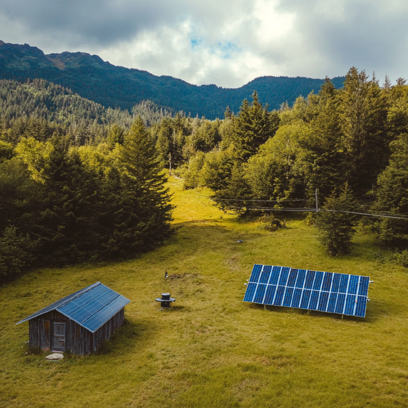 Image of small building with solar panels on roof in the middle of green rolling hills with a ground mount solar array next to it