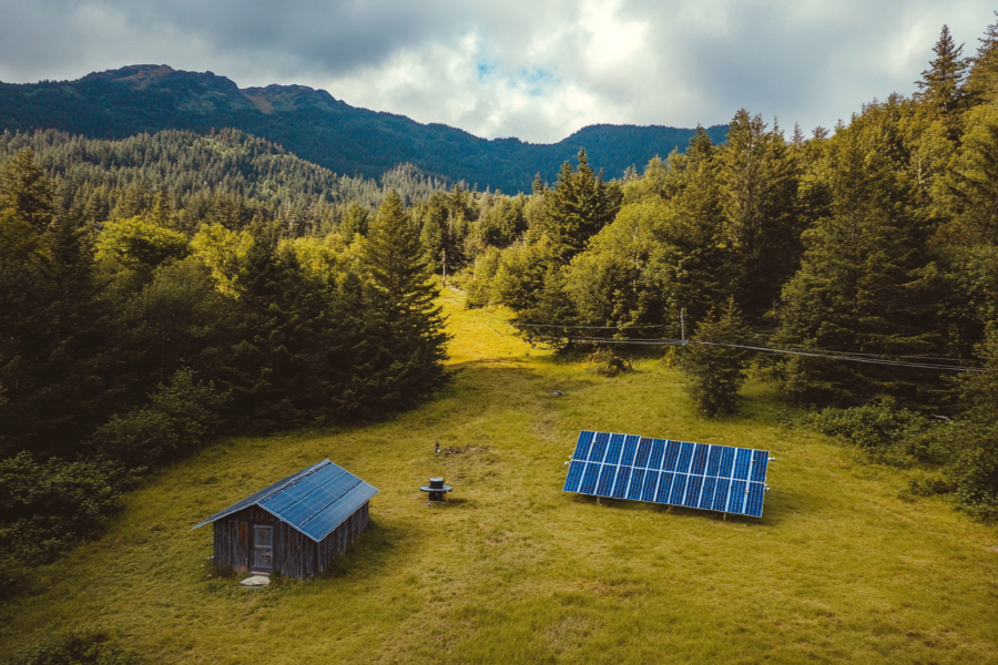 Image of small building with solar panels on roof in the middle of green rolling hills with a ground mount solar array next to it