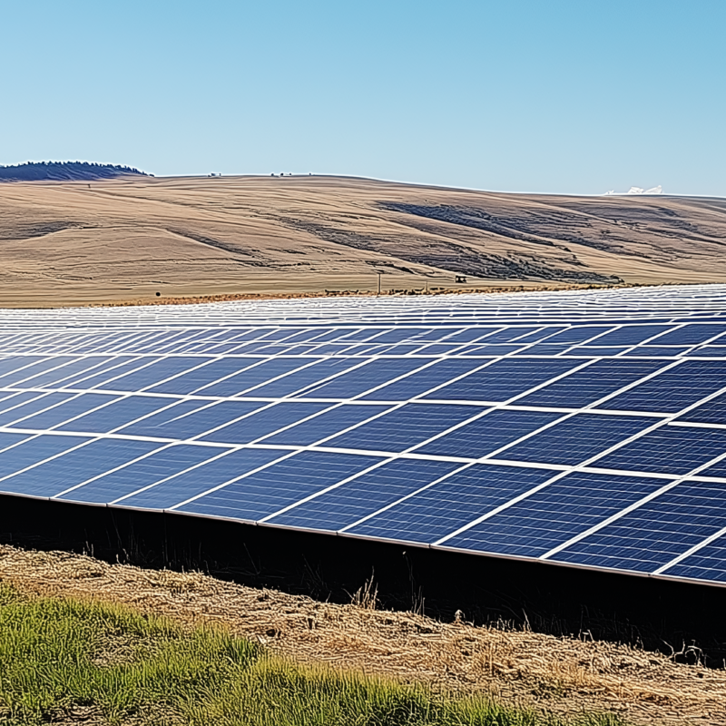 Large solar array in field with rolling hills in background.