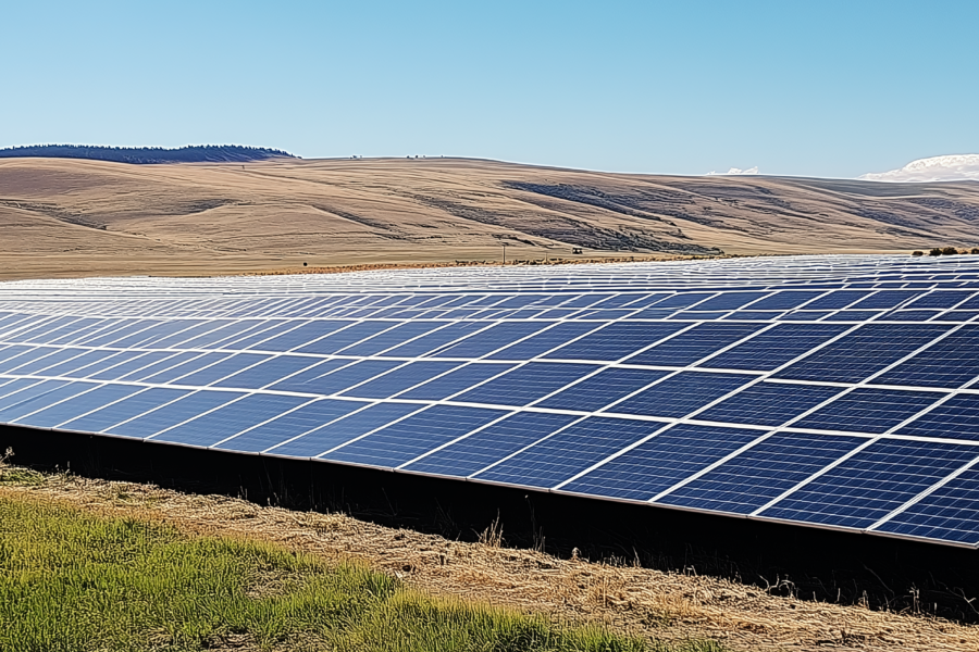 Large solar array in field with rolling hills in background.